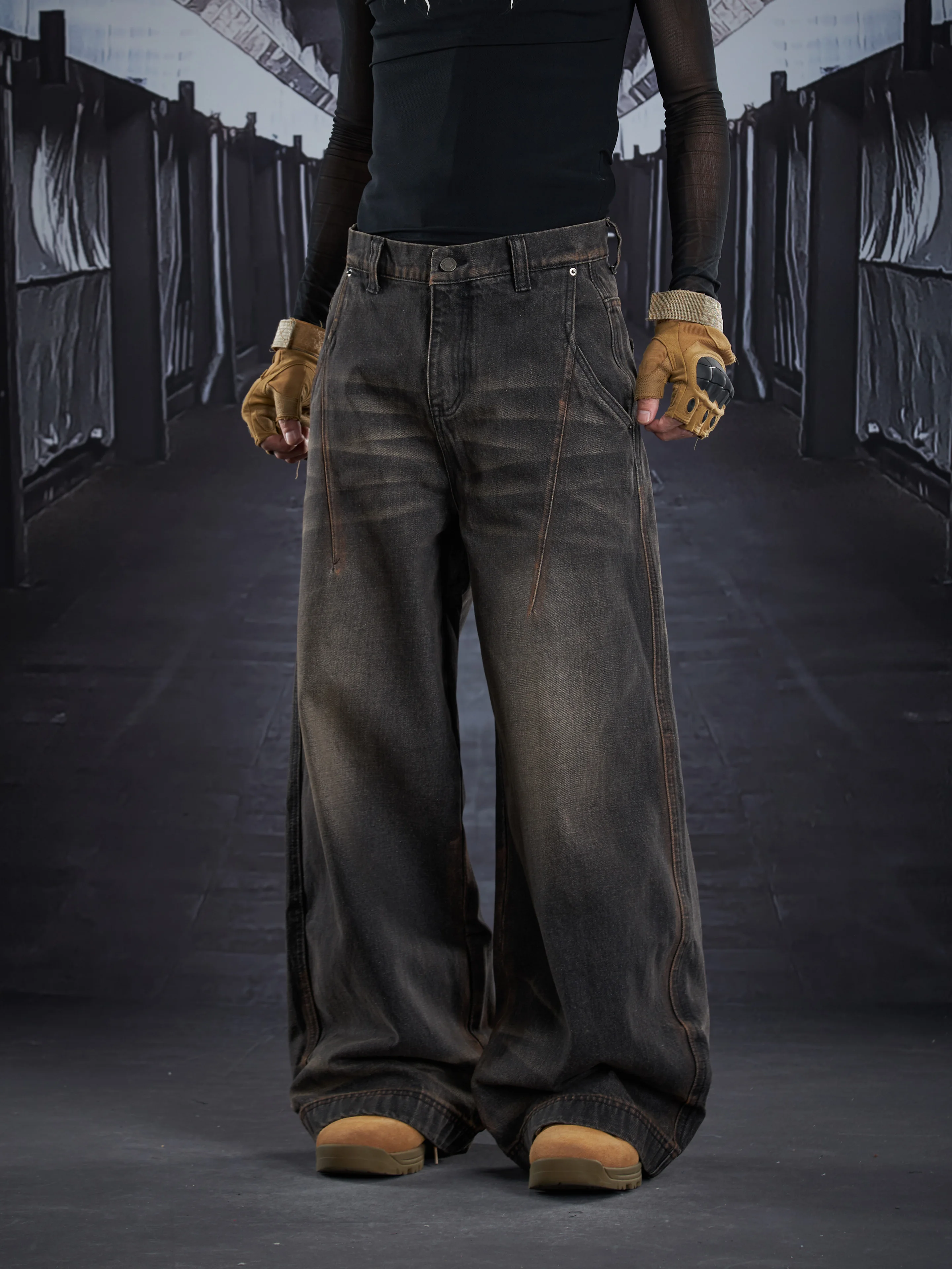 Special-Interest Design Bronze Black Cow Washing Water Super Loose Straight Classic All-Matching Jeans American Street