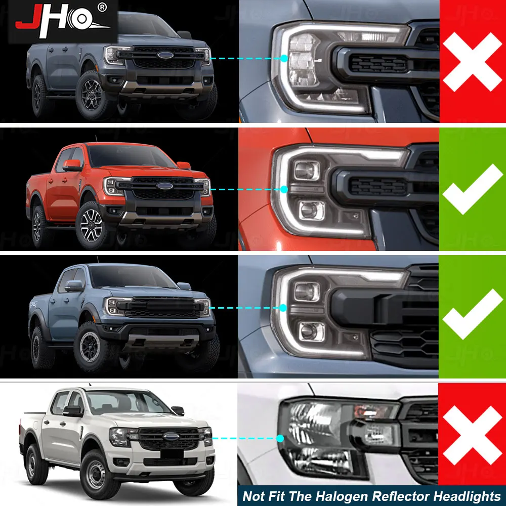 JHO Amber DRL Module Front LED Projector Headlights Frame Color Changing Replace For 2023 2024 2025 Ford Ranger Lariat Raptor T9