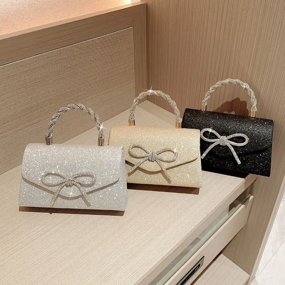 

Elegant Rhinestone Bowknot Evening Bag Glitter Gold Silver Bow Chain Bag Shoulder Bags for Wedding Party