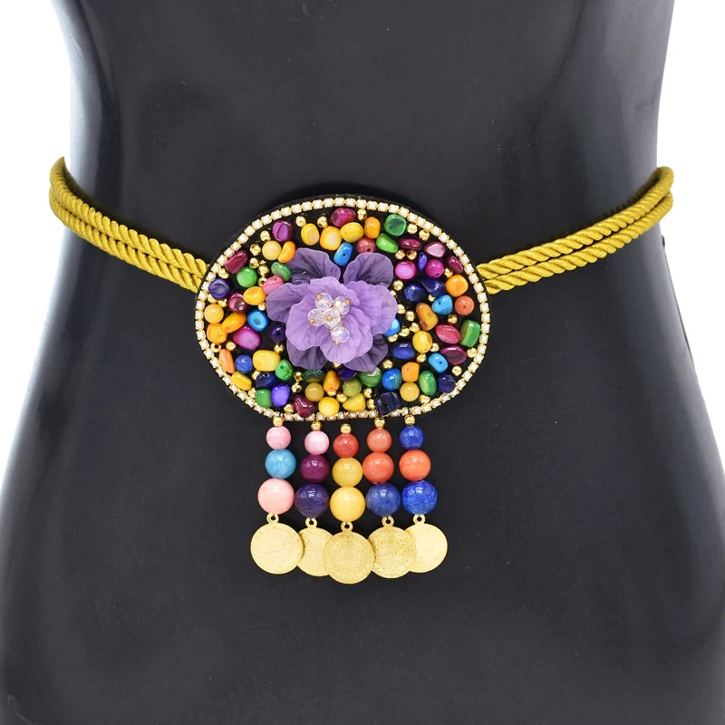 Bead Women Body Chains Charms Bohemian Ethnic Coin Tassel Colorful Rope Belly Chains Statement Afghan Flower Body Jewelry Female