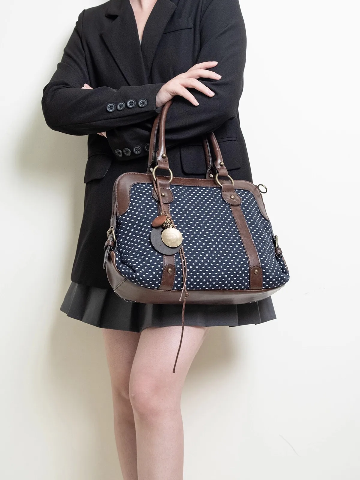 

Literary Retro Vintage Japanese Style Shoulder bag Contrasting Color Knitted Polka Dot Navy Blue Handbag Crossbody Bag Female