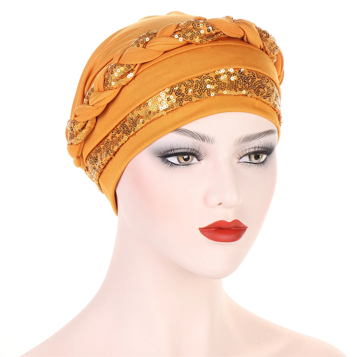 Fashion Hijabs for Women Braid Decor Muslim Turban for Female Elegant Sequin Bonnet Cap Elastic Head Scarf for Woman Headcover