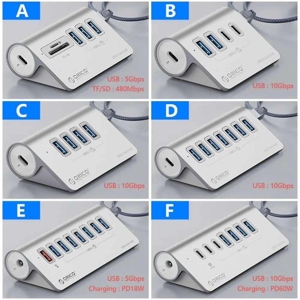 Imagem -02 - Orico-multi Usb tipo c Porta Splitter Hub Múltiplo Slot Dock Station Extensor Switch com Leitor de Cartão Adaptador de Carregador Usb 3.2 a