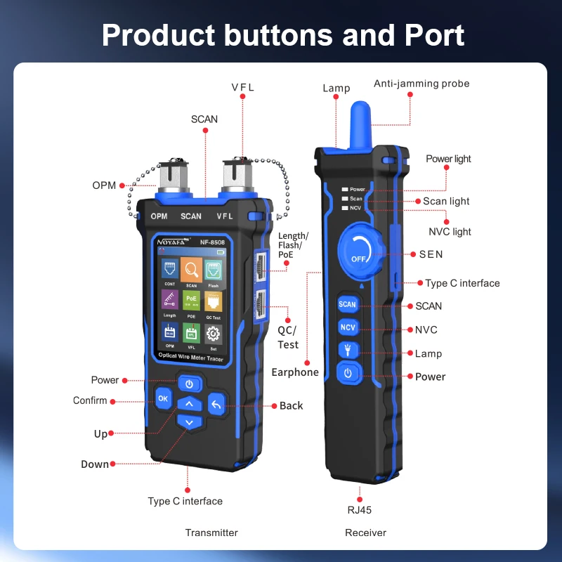 Imagem -06 - Noyafa-network Cabo Tester Opm Vfl Poe Display Lcd Digital Rastreador de Cabos Rj11 Rj45 Line Finder Ferramentas Nf8508