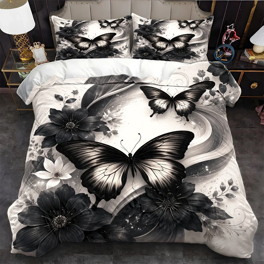 3Pc Black and White Butterfly Floral Art Quilt Cover Set, Three-Piece Bedding Set (1*Quilt Cover + 2*Pillowcases), Suitable for All Seasons, Machine Washable, Invisible Zipper Design, Large Double Bed Cover Set, Suitable for Home, Bedroom, Dormitory, Master Bedroom, Guest Room, Light Luxury Style Bedding, Beautiful Plant and Floral Patterns, Comfortable and Skin-Friendly Bedding, Fashionable Soft Decorative Bedding with 2D Flat Print