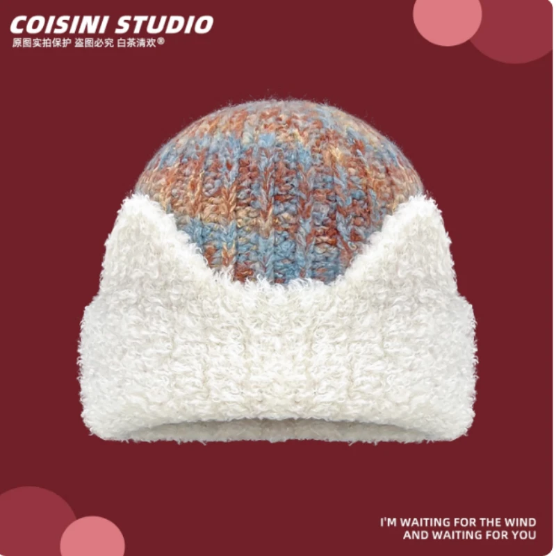 2025 جديد اليابانية القط الأذن مختلط اللون أفخم محبوك قبعة المرأة الخريف والشتاء الدافئة وسميكة تنوعا الجمجمة قبعة قبعات #2