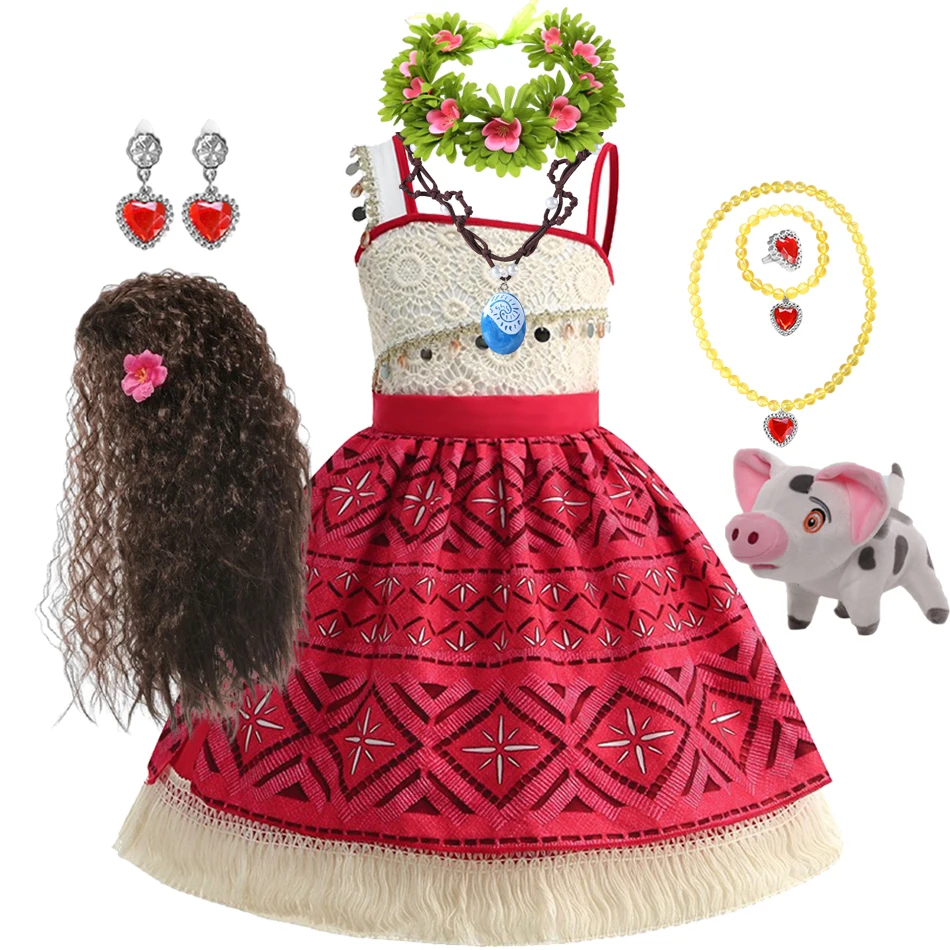 2026 Dress Girls Kids Clothes Cosplay Vaiana Princess Dress Necklace Wig Children Carnival Party Summer Costume Set