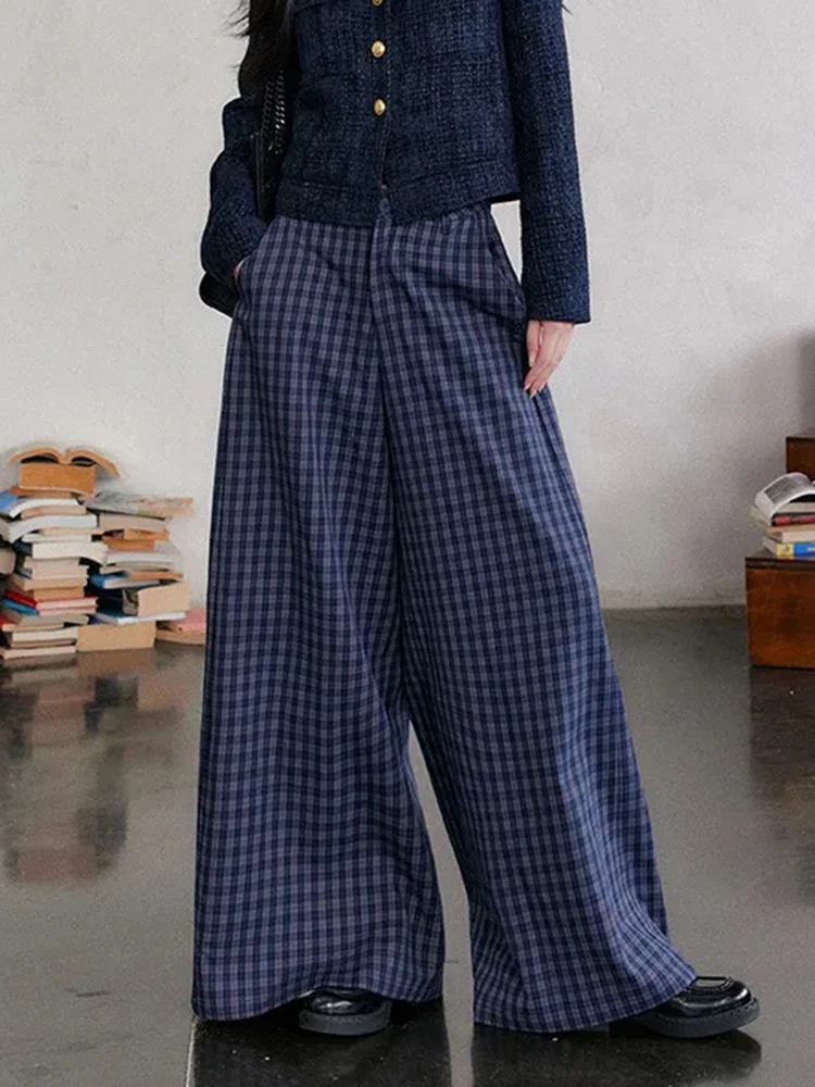 Jmprs Vintage Plaid Wide Leg Pants Women Korean Loose High Waist Casual Trousers Harajuku Retro Pockets Oversize Spring Pants