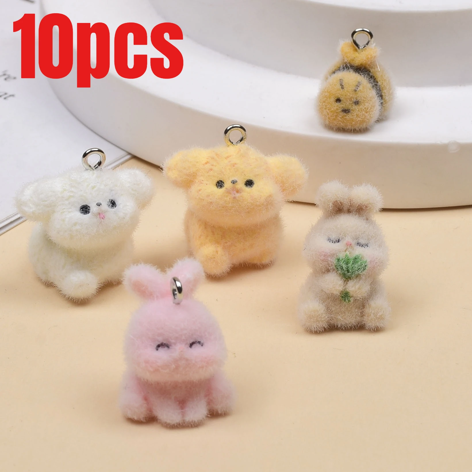 10 piezas de dijes de resina flocada 3D, bonitos y de dibujos animados (conejo, abeja, cachorro), para llaveros, pendientes, manualidades DIY y creación de joyas