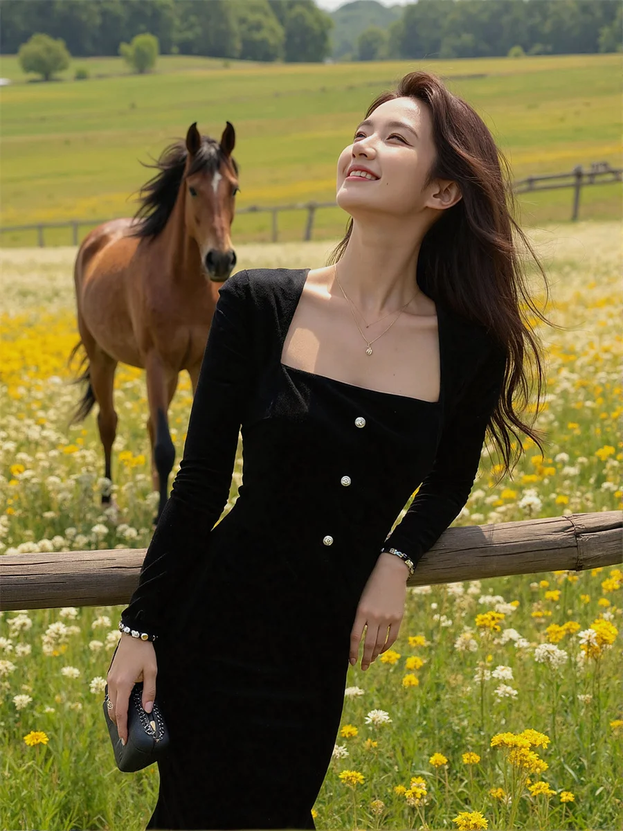 Vestidos femininos estilo coreano preto drapeado em camadas babados até o tornozelo aline linha a all-match alternativo para todas as estações