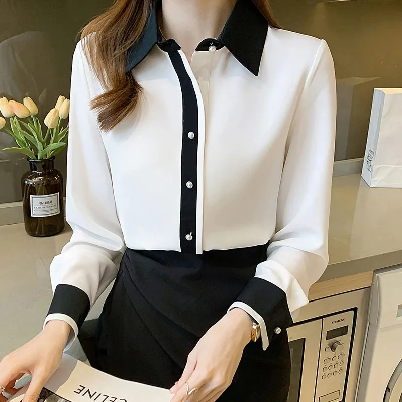 White Chiffon Shirt for Women Korean Chic Single-Breasted Contrast Lapel Office Lady Shirts Casual All-Match Occupation Blouse