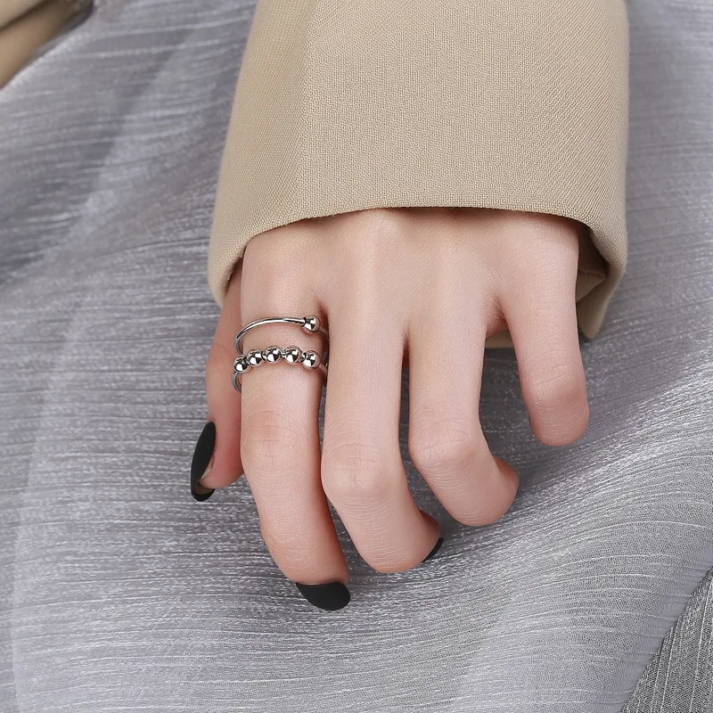 New 2022 Open Adjustable Beads Anxiety Ring for Women Girls Silver Color Geometric Beaded Anti-stress Fidget Ring Bague Femme