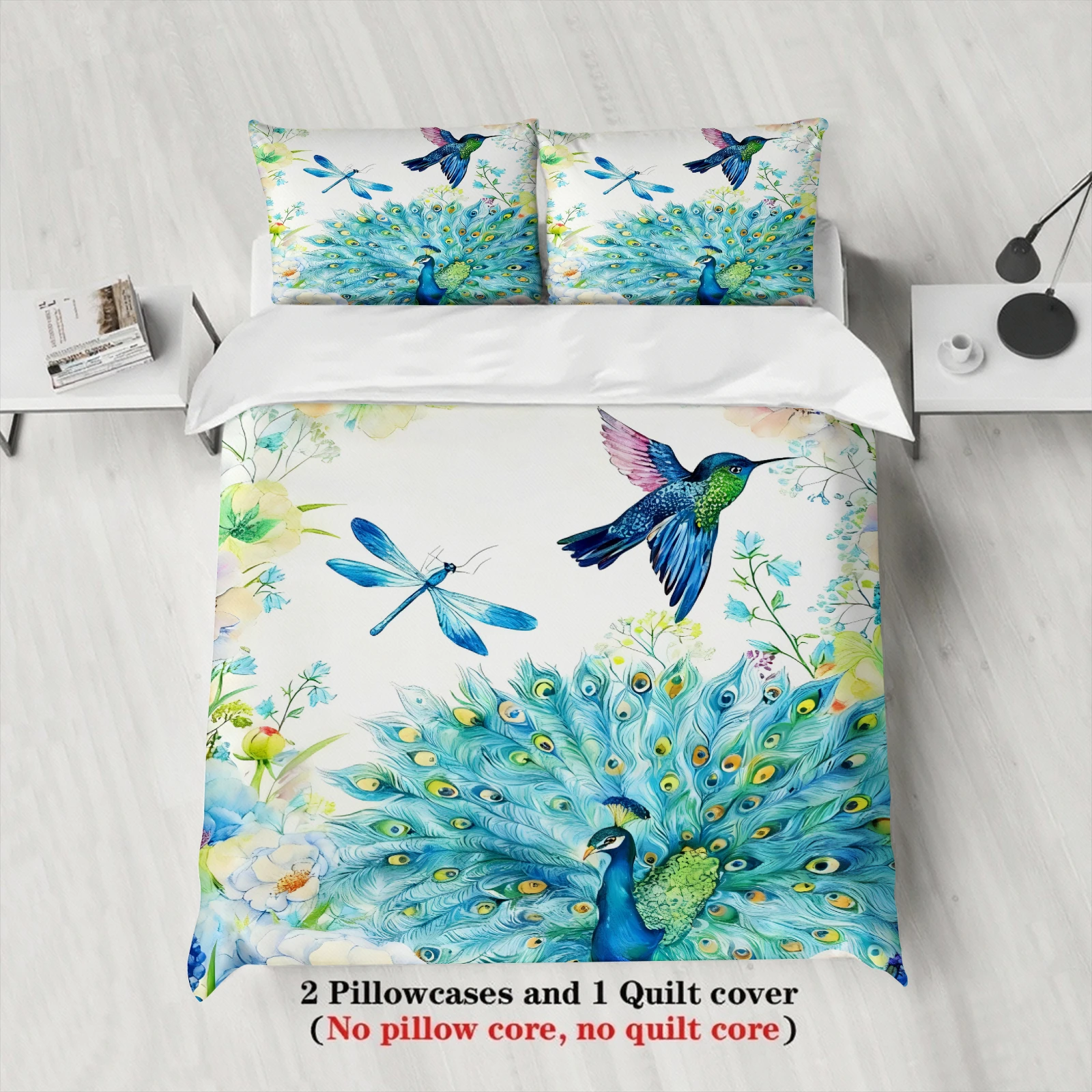Tropical Peacock Hummingbird Bedding Set Teal Duvet Cover Set With 2 Pillowcases For Cozy Home Decor Twin Queen King Size