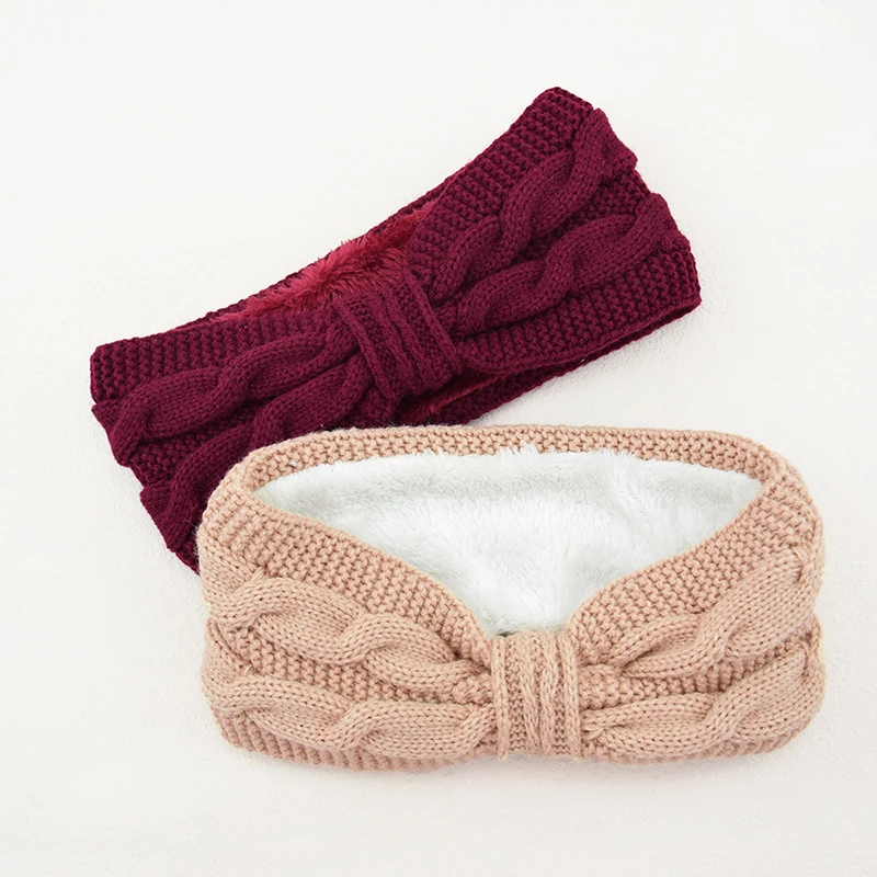 Autumn Winter Thicken Knitting Woolen Wide Headband For Women Plush Lined Headwrap Turban Hairbands Keep Warm Female Ear Warmers