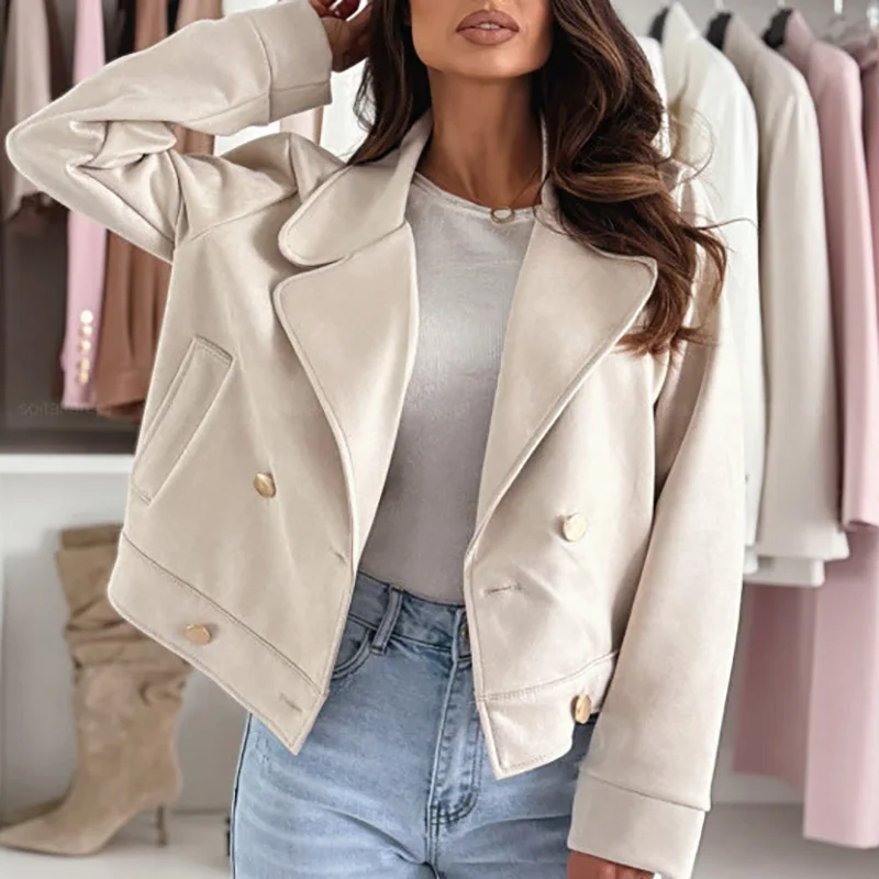 

Autumn Winter Casual Loose Short Coats Women's Fashion Lapel Collar Solid Color Jacket 2025 Elegant Button Long Sleeve Outerwear
