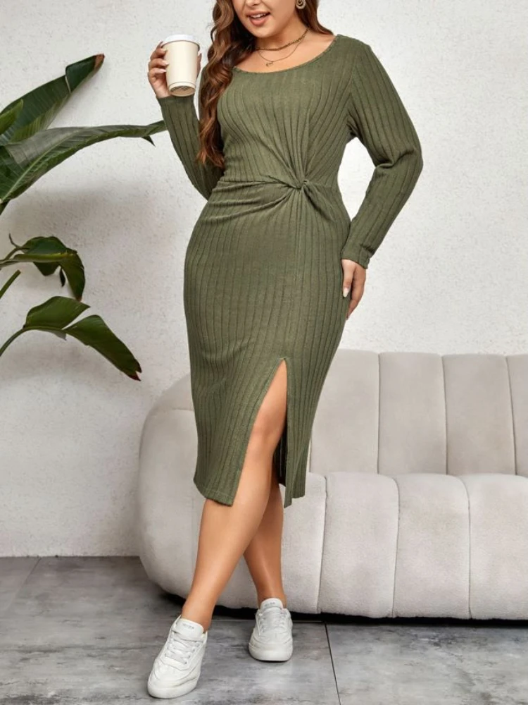 

Green Knitted Midi Dresses O Neck Long Sleeves Plus Size Folds Slit Casual Evening Party Sheath Gowns Outfits Autumn Winter