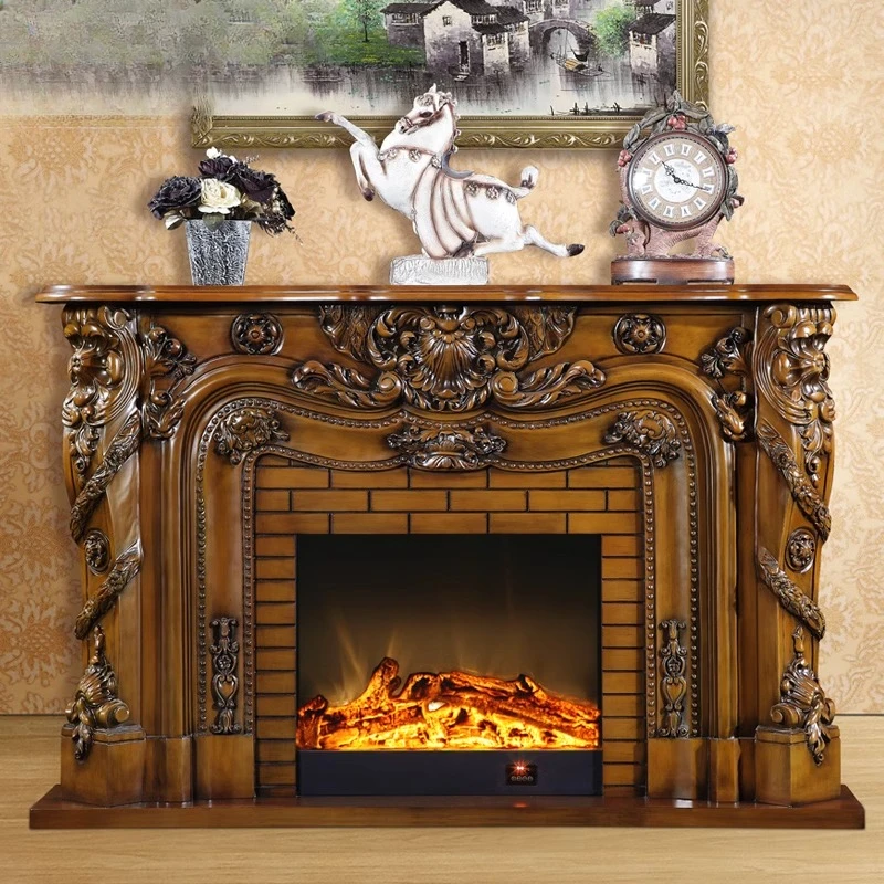 1.86M European fireplace solid wood simulation flame effect engraved classical American decorative cabinet