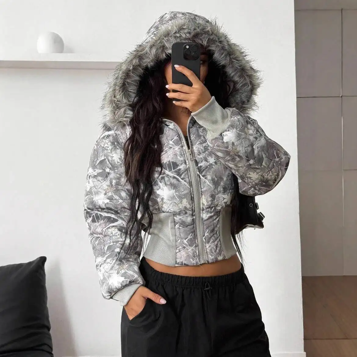 

Autumn New Women's Winter Fleece-lined Thin Warm Slim Waist Fashion Women's Cotton Jacket with Zipper