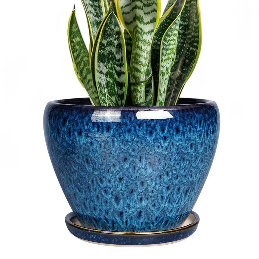 

8 Inch Ceramic Plant Pot, Ceramic Planter Pot for Indoor Outdoor Plants, Round Flower Pot with Drainage Hole and Saucer, Blue