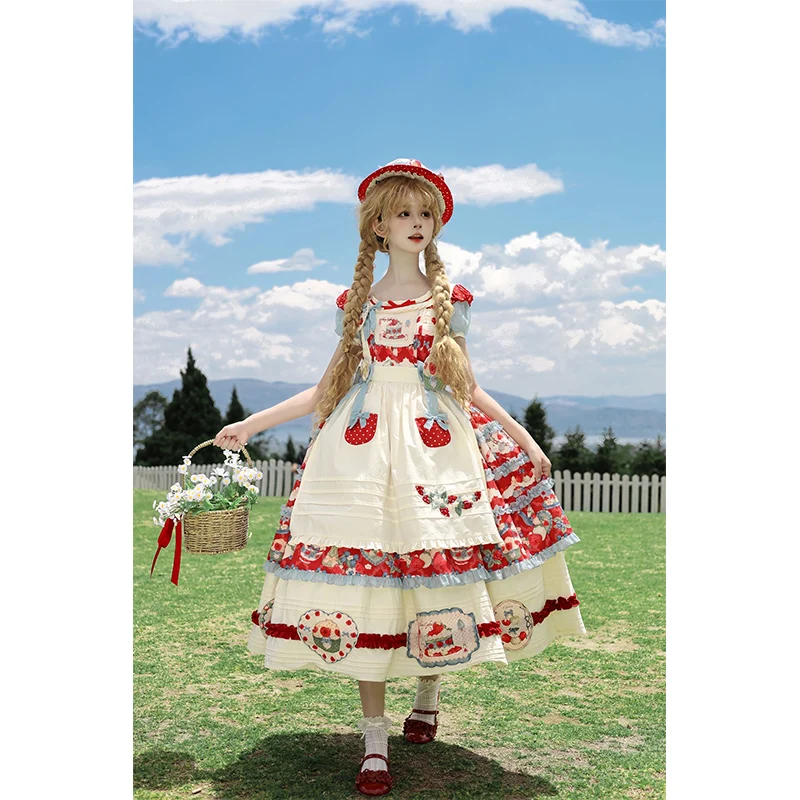 Lolita Print Japanese Original Round Neck Puff Short Sleeve Long Princess Dress +Apron+Heart Strawberry Embroidered Brooch