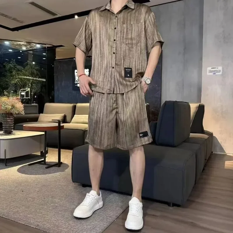 

Nylon Man Sets Short Quarter Sleeve Kpop Casual Original Brands Stretch Slim Fit Essential Stylish Shirts Shorts Suits for Men