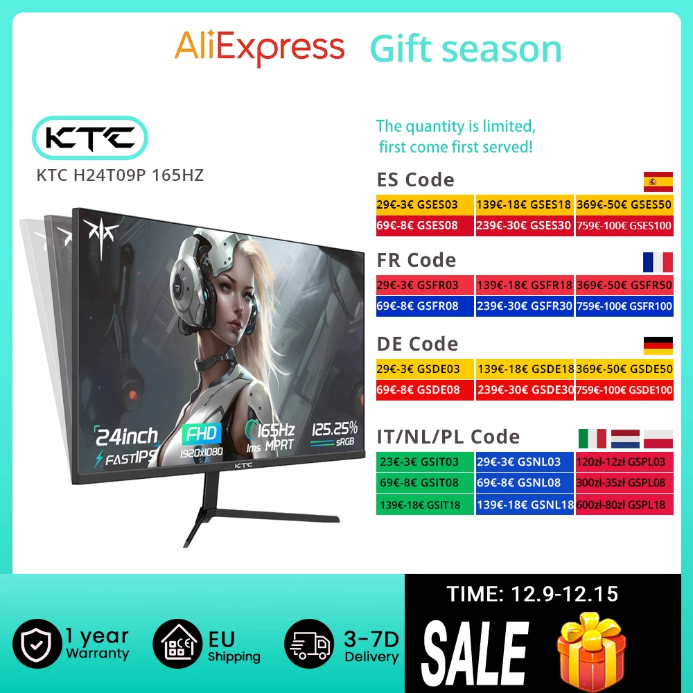 KTC H24T09P Gaming Monitor, 24 Inch 1920x1080 16:9 FHD 165Hz ELED Fast IPS Panel Screen, HDR10 1ms MPRT Response Time Low-blue