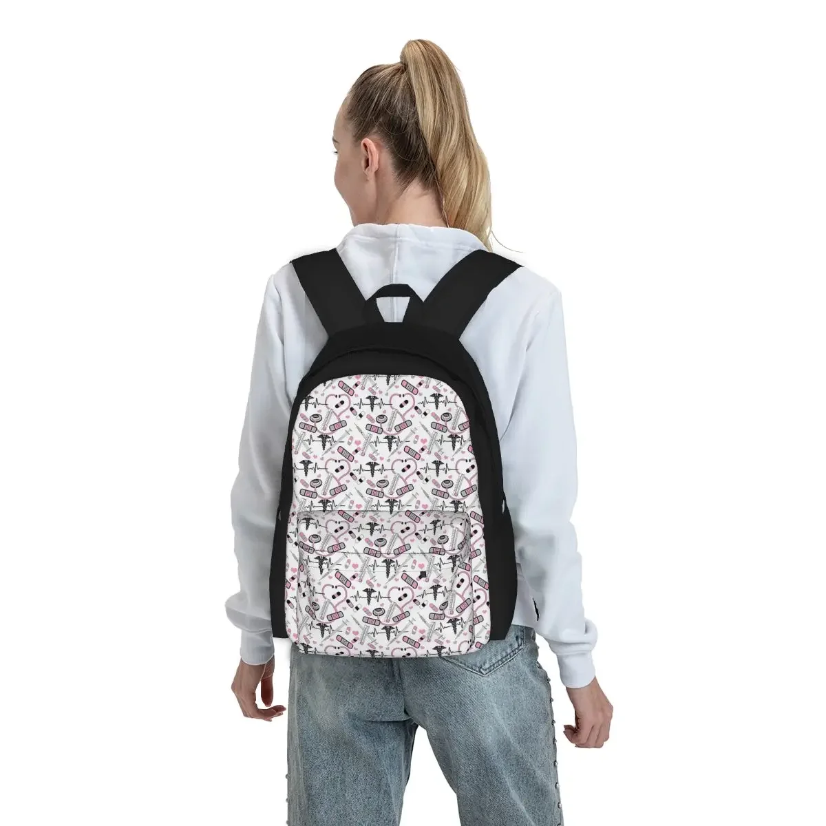 Cute Stethoscope Nurse Doctor EKG Pattern Backpacks Boy Girl Bookbag Children School Bags Rucksack Laptop Rucksack Shoulder Bag