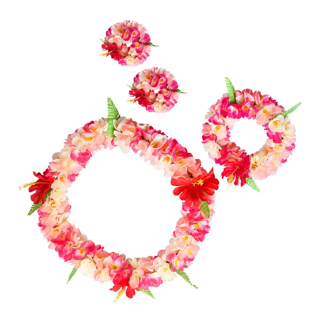 

4pcs Hawaiian Floral Wreath SetArtificial Flower Headband Necklace Bracelets for Summer Luau Party Festival Travel Decoration
