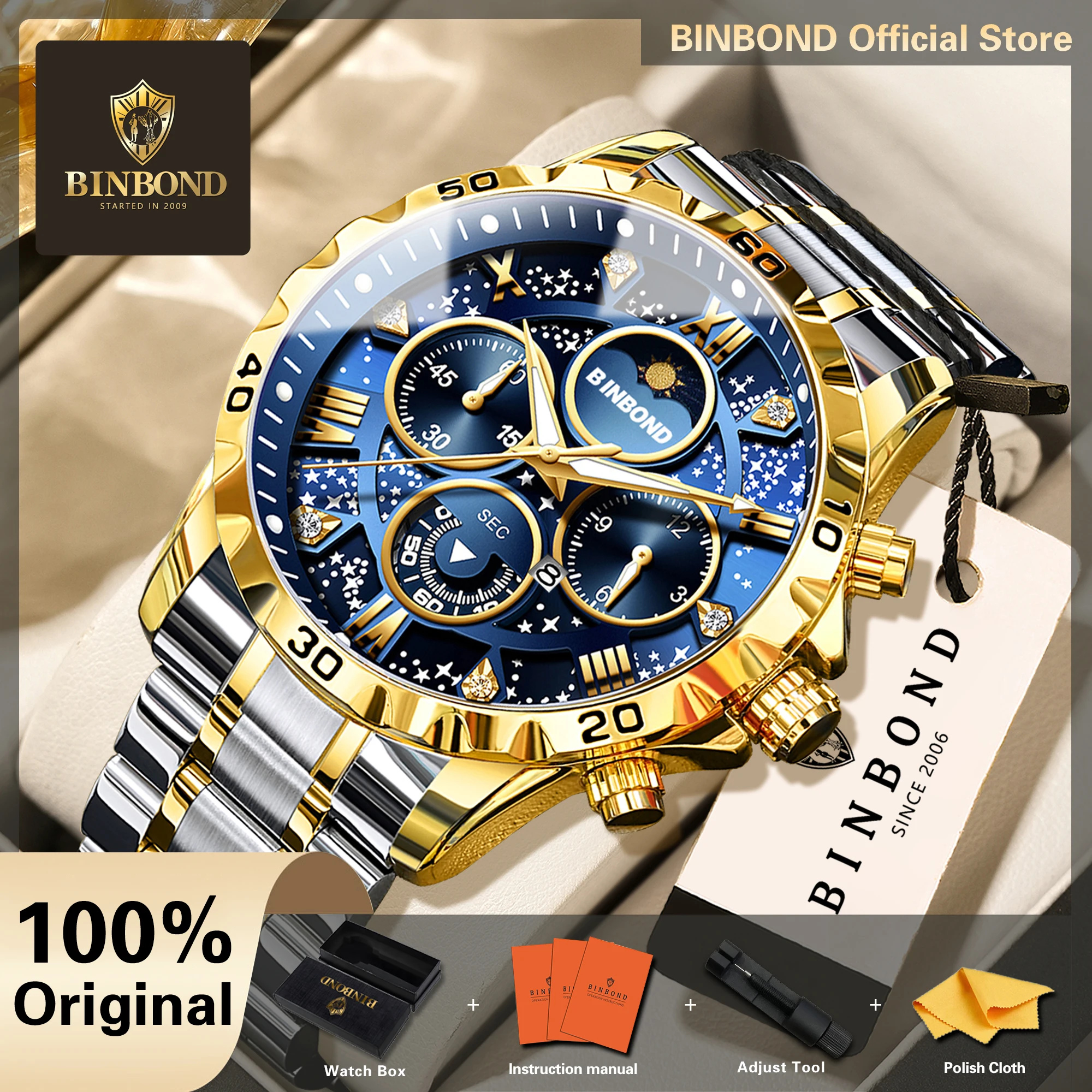 BINBOND Orginal Quartz Watches For Men Luxury Luminous Waterproof Chronograph Reloj Hombre Day&Night Montres Hommes +Box