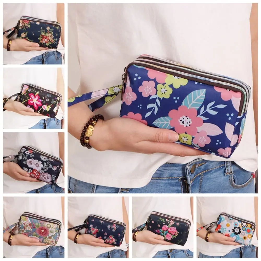 Fashion Flower Print Canvas Coin Purse Women Long Wallet Phone Bag Portable Zippers Small Handbag Makeup Bag Card Holder