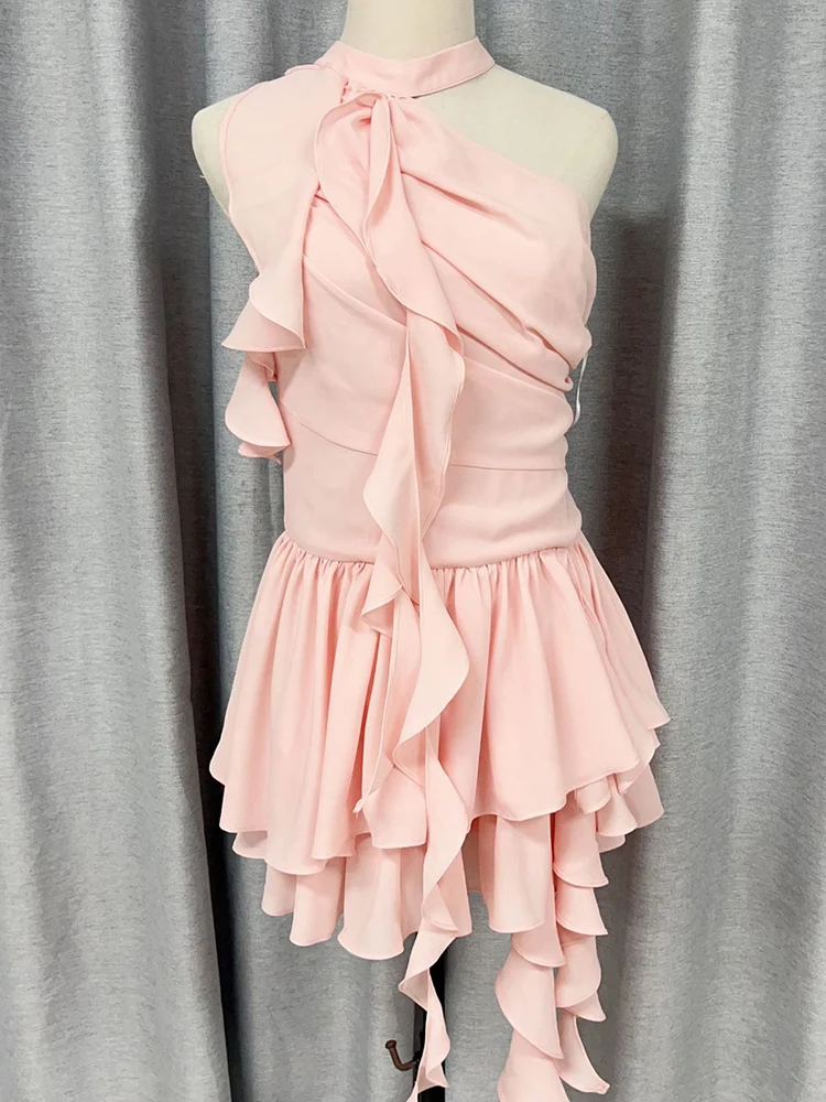 Sólido emendado apliques em camadas bolo mini vestido para mulher halter flor decoração sem mangas cintura alta temperamento vestido