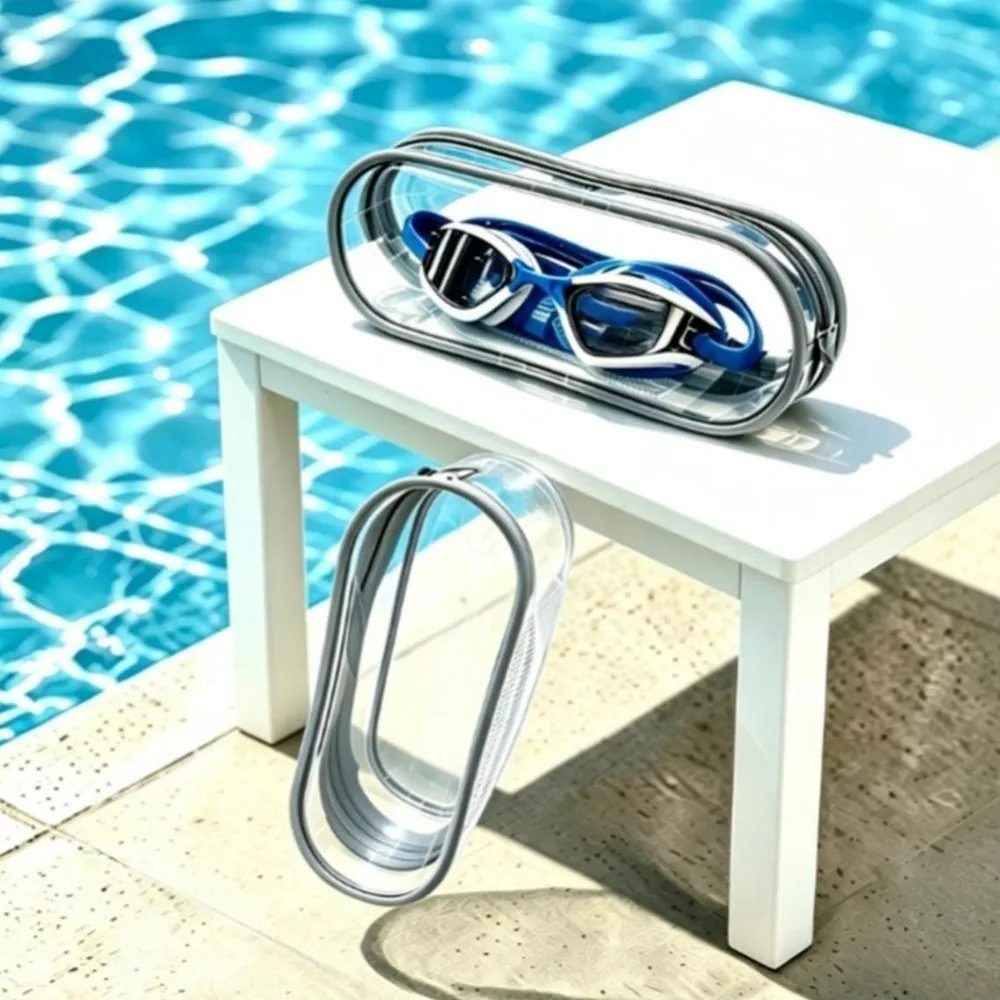 PVC Material Swim Goggles Case Transparent Design Anti-Scratch Coating Protective Zipper Cover Breathable Fabric