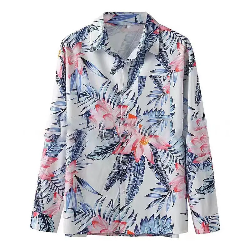 2025 Spring and Autumn New Men's European and American Style Retro Flower and Leaf Printed Loose Long Sleeve Inch Shirt Trend