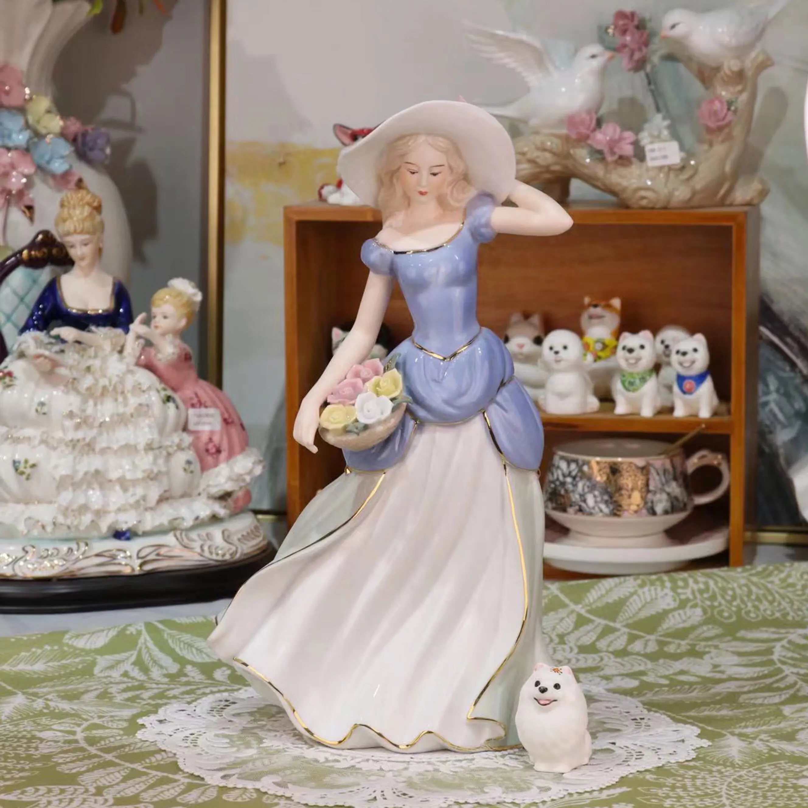 Vintage European Lady with Flower Basket Wide Brim Hat Porcelain Figurine Victorian Beauty Ceramic Statue Home & Wedding Decor