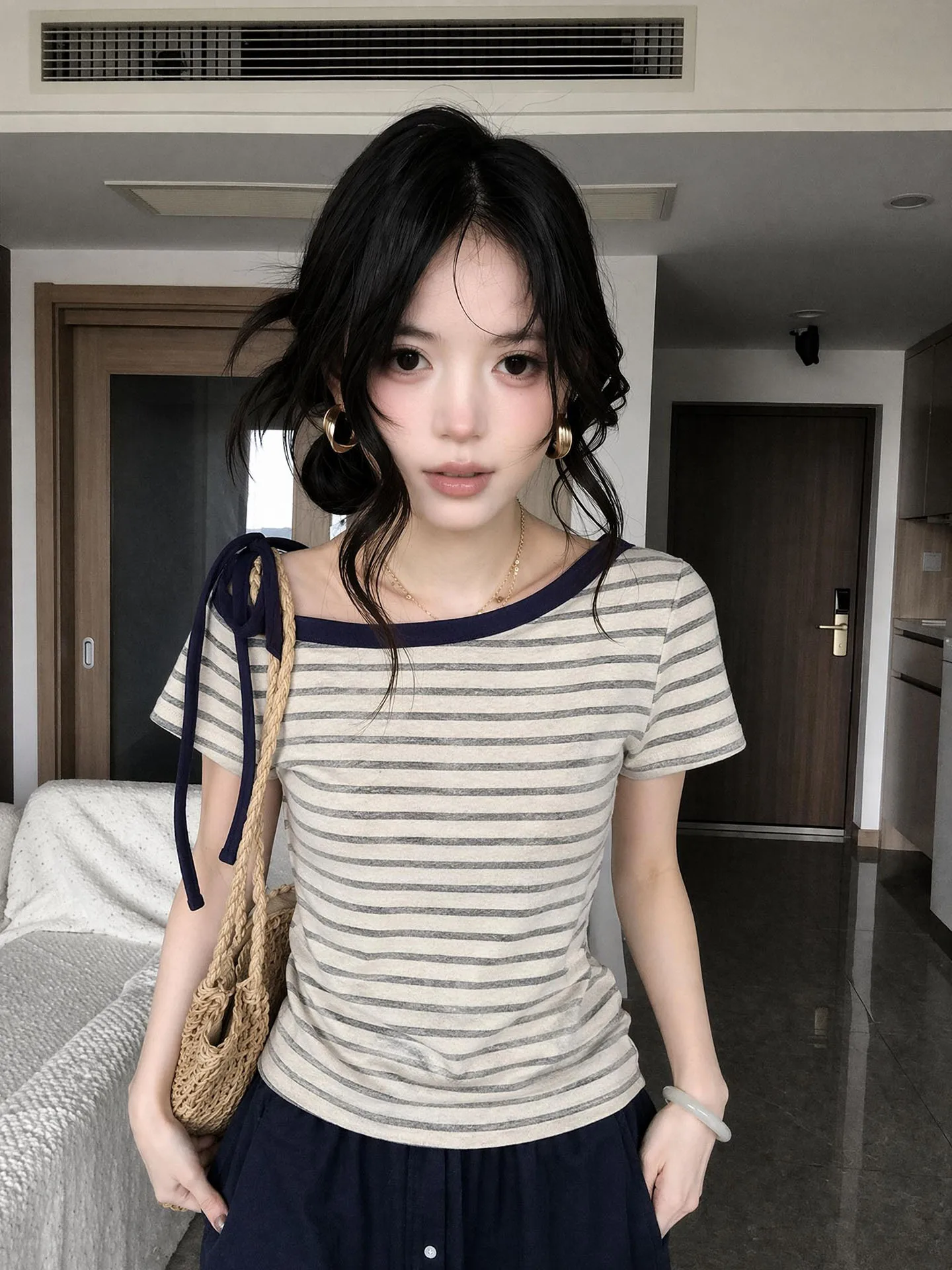 Summer 2026 Women's Slim Fit Striped Tie Shoulder Short Sleeve T-Shirt Korean Style Lazy Feel Top Fashion Ladies Premium