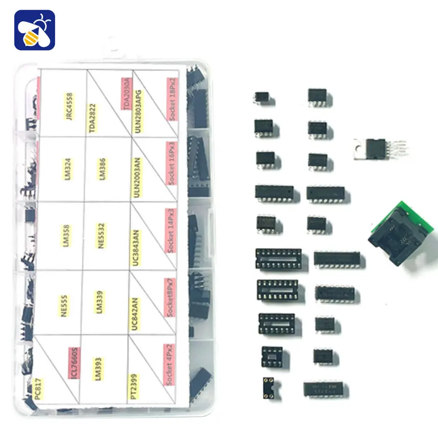 150pcs DIP Integrated Circuit Chip IC Boxed Chip Assortment Amplifier PC817 ICL7660 NE555 LM358 JRC4558 LM393 LM339  PT2 SOCKET