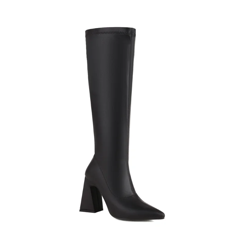 Bottes au genou élastiques en microcarence pour femmes, bout pointu, talon épais, longues, grande taille 22-29cm, automne, hiver, nouveau, 2023