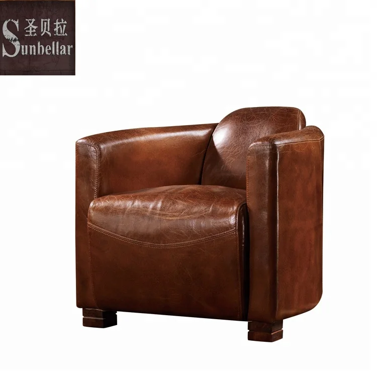 Retro Vintage Brown Genuine Leather Accent Barrel Chair for Living Room Home Bar Bedroom Apartment & Hotel Use