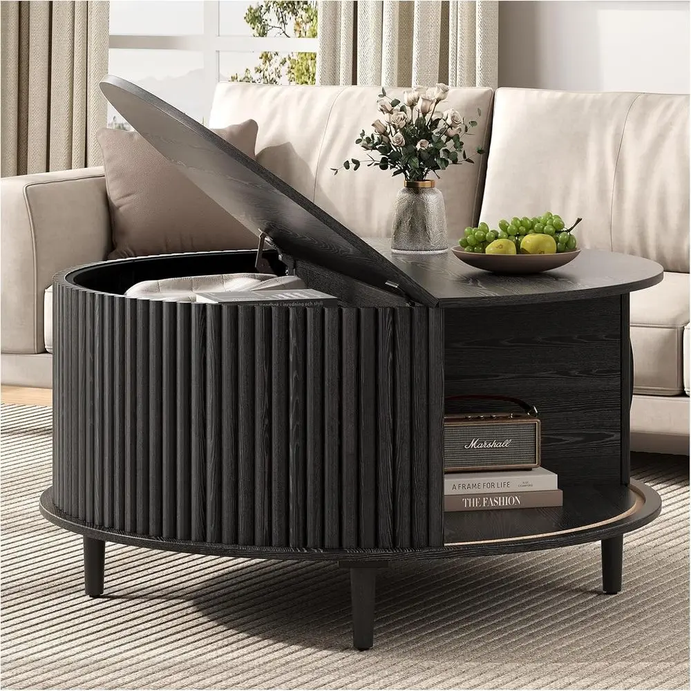 Round Coffee Table with Storage, 31.5 Wood Drum Table, Circle Center Table for Living Room, Mid-Century Furniture with Sliding D