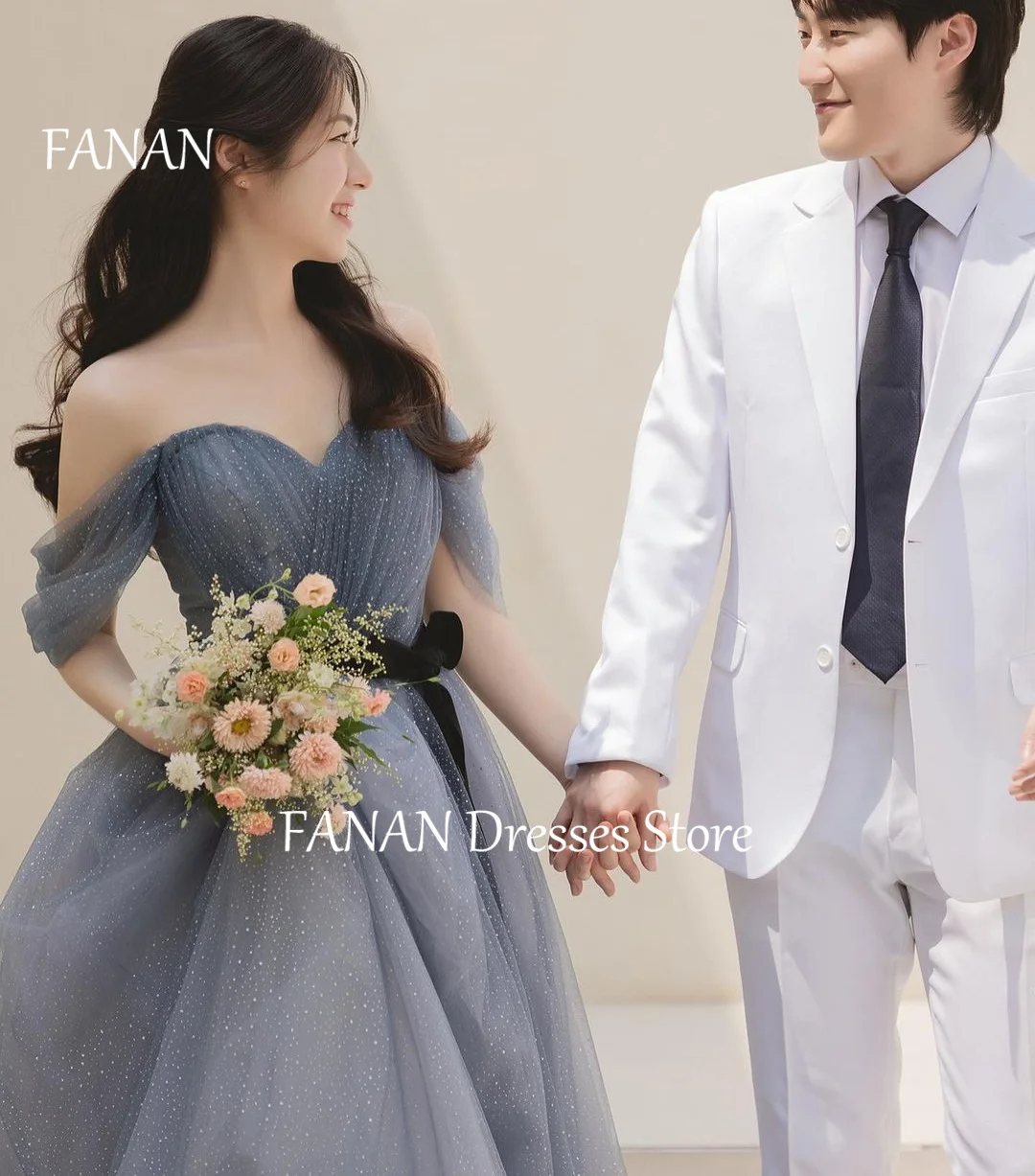 

FANAN A-Line Sweetheart Evening Party Dresses Blue Shiny Tulle Korea Simple Wedding Women Formal Gowns Event Prom Gowns