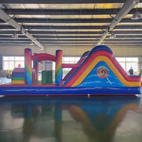 Commercial Candy Theme Inflatable Obstacle Course With Slide Kids Rainbow Bouncy Castle Jumping Bouncer For Outdoor Party Events