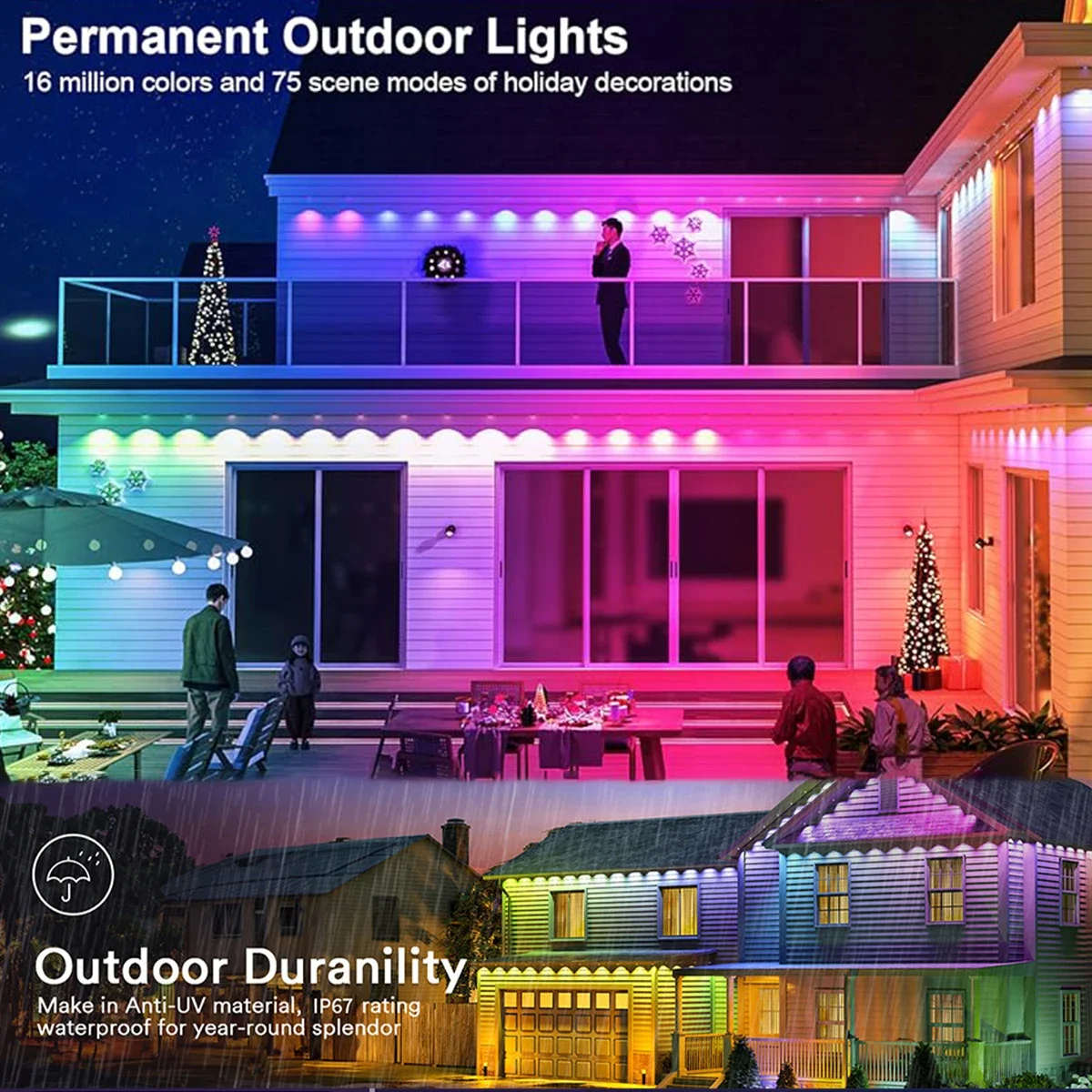 15/30M Smart RGB Eave Lights App e telecomando IP67 Luci a stringa LED per esterni permanenti Casa Capodanno Natale Compleanno Illuminazione fai da te