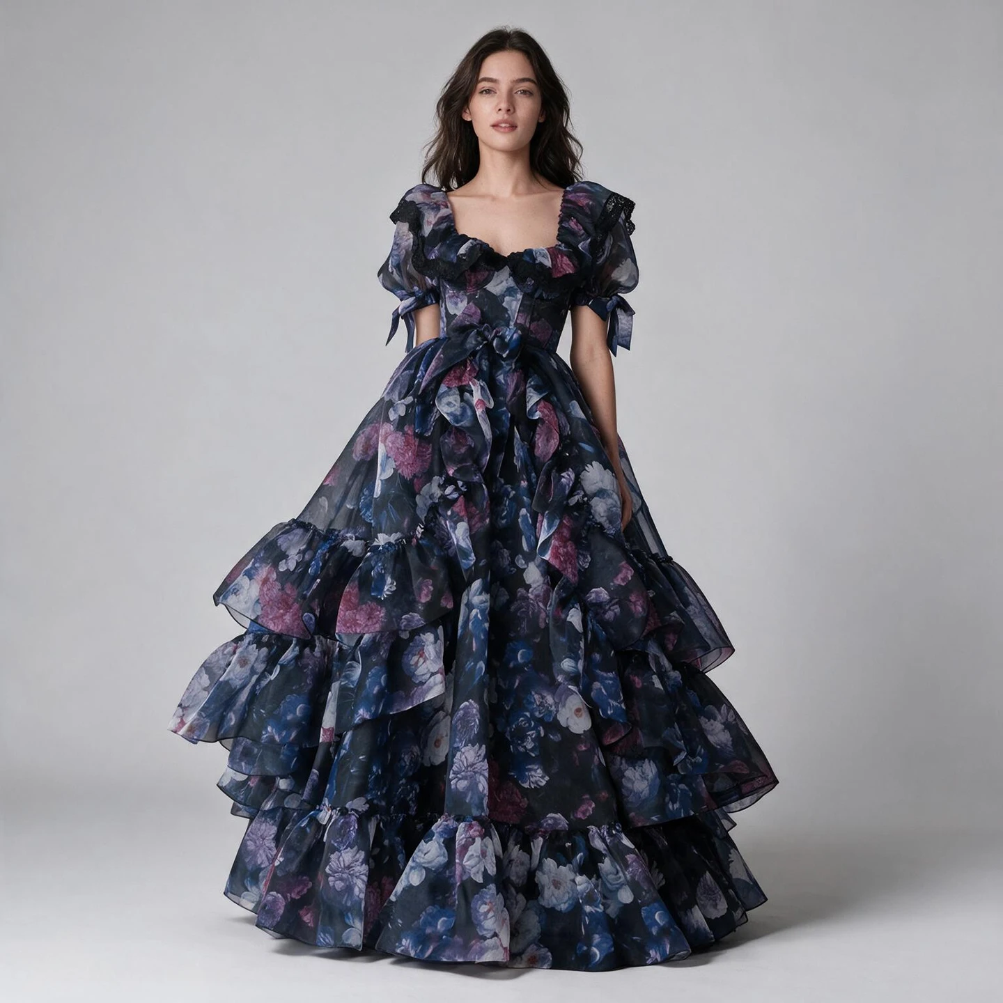 Vintage Dark Floral Organza Ball Gown Sweetheart Puff Sleeve Layered Ruffle Evening Gown Princess Maxi Dress YW2610131
