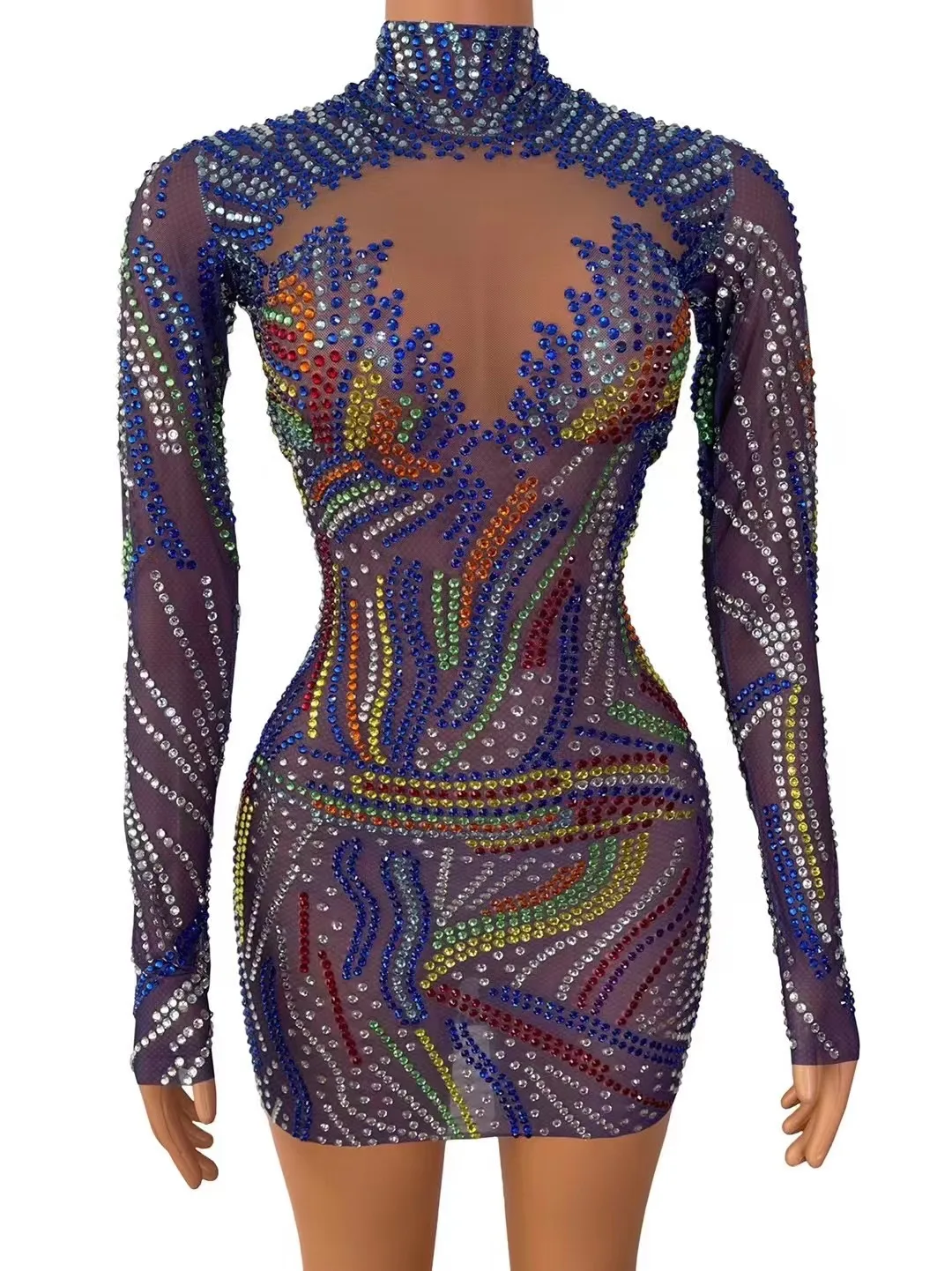 

Women See Through Multi-color Rhinestone Dress Transparent Long Sleeve Dress Evening Birthday Celebrate Party Costume