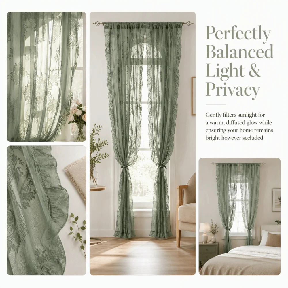 New French-Style Lace Curtains Solid Color Half-Shaded Window Curtains Ruffled Edges Voile Curtains Home Decoration