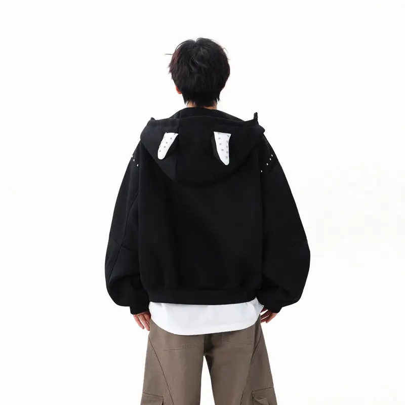 2025 الربيع والخريف نمط جديد برشام المرقعة تصميم الوقوف طوق رمادي هوديي زوجين تنوعا أسود قصير سترة سترة