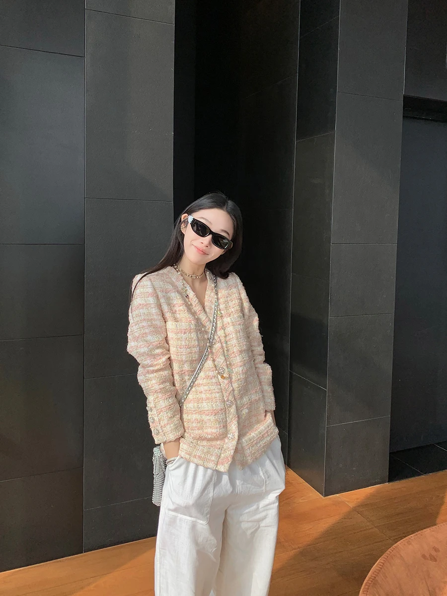 

Розовый твидовый кардиган Boamarket: роскошный, женственный, в стиле Rich Girl, открытый, повседневный, модный, весенняя коллекция, полиэстер