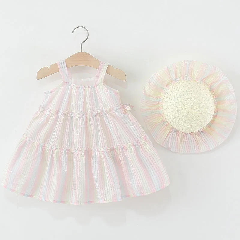 

2Piece Baby Sets 2025 Summer Kids Clothes Girls Korean Fashion Stripe Cute Sleeveless Princess Dress+Sunhat Luxury Dresses B091