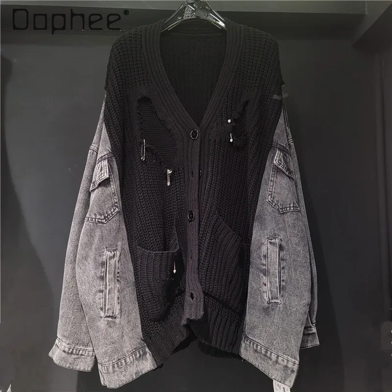 

Autumn New Korean Loose Casual Sweater Patchwork Denim Jackets for Women Street Ripped Long Sleeve Metallic Knitted Cardigan