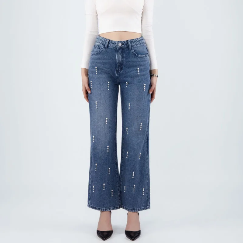 

Spring New American Beading Jeans Fashion High Street Blue Straight Leg Denim Pants Women's High Waist Appliques Trousers